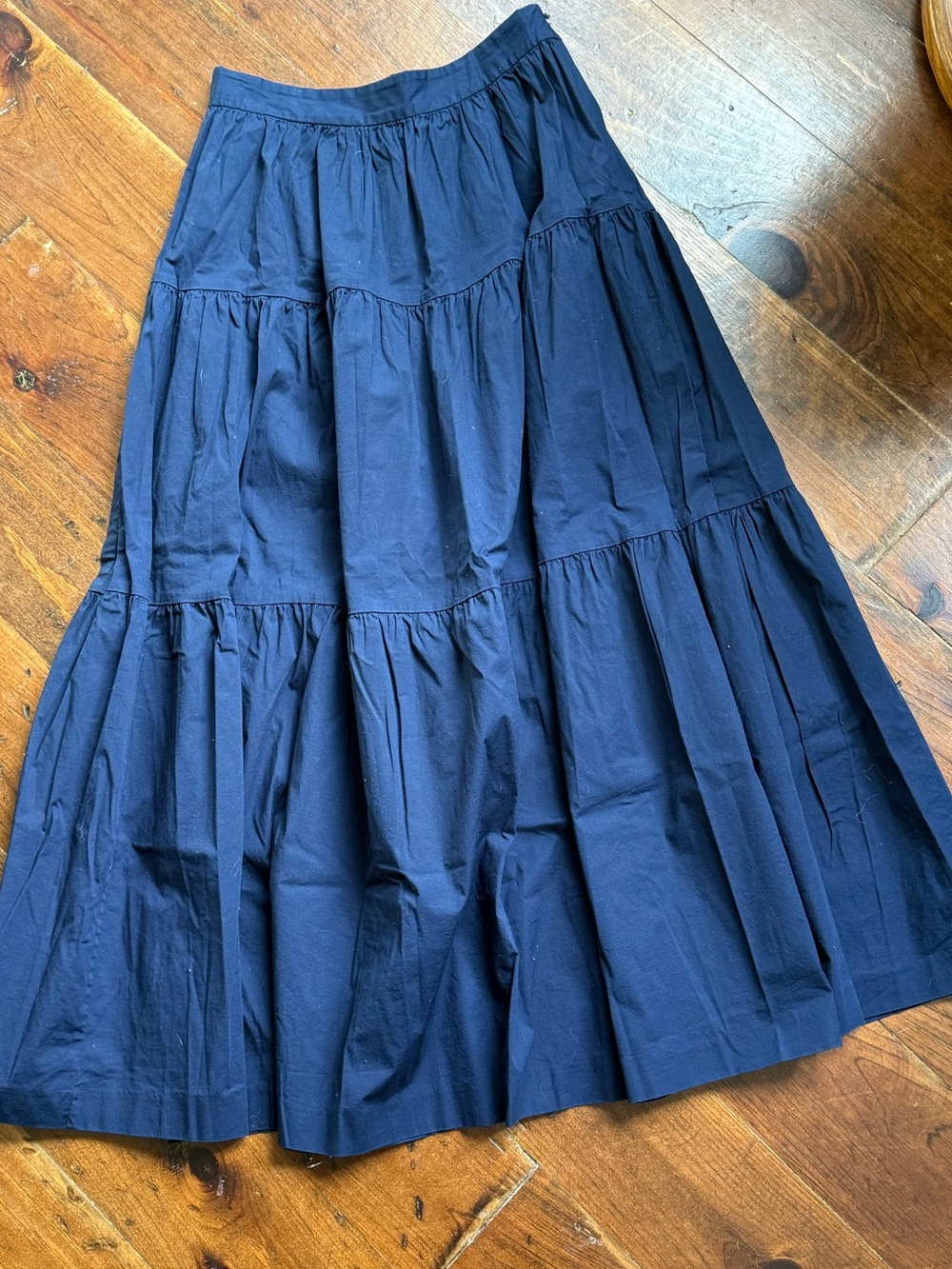 STAUD Tiered Navy Cotton Midi Skirt - Women's